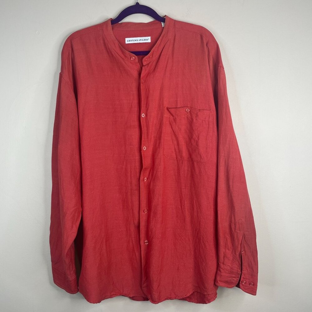 Irvine Park Vintage‎ Grandfather Shirt Mens XLarge Red Linen Blend Band Collar
